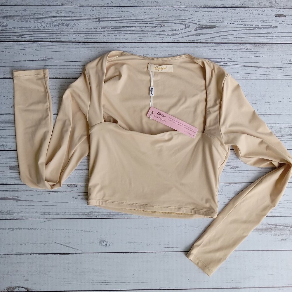QINSEN Women's NWT Square Neck Crop Top‎ Long Sleeve Slim Fit Cropped Size S